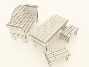 set of garden furniture made of concrete and wood Modello 3D