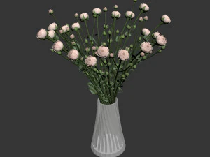swirling bouquet of small beige shrub roses in a vase with water 3D Model