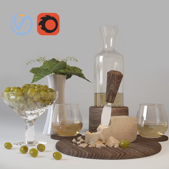 decorative set of wine cheese and grapes v-ray-corona 3D Model .c4d .max .obj .3ds .fbx .stl .blend 