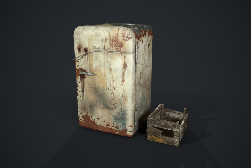 Old fridge with a crate Modèle 3D .c4d .max .obj .3ds .fbx .stl .blend 