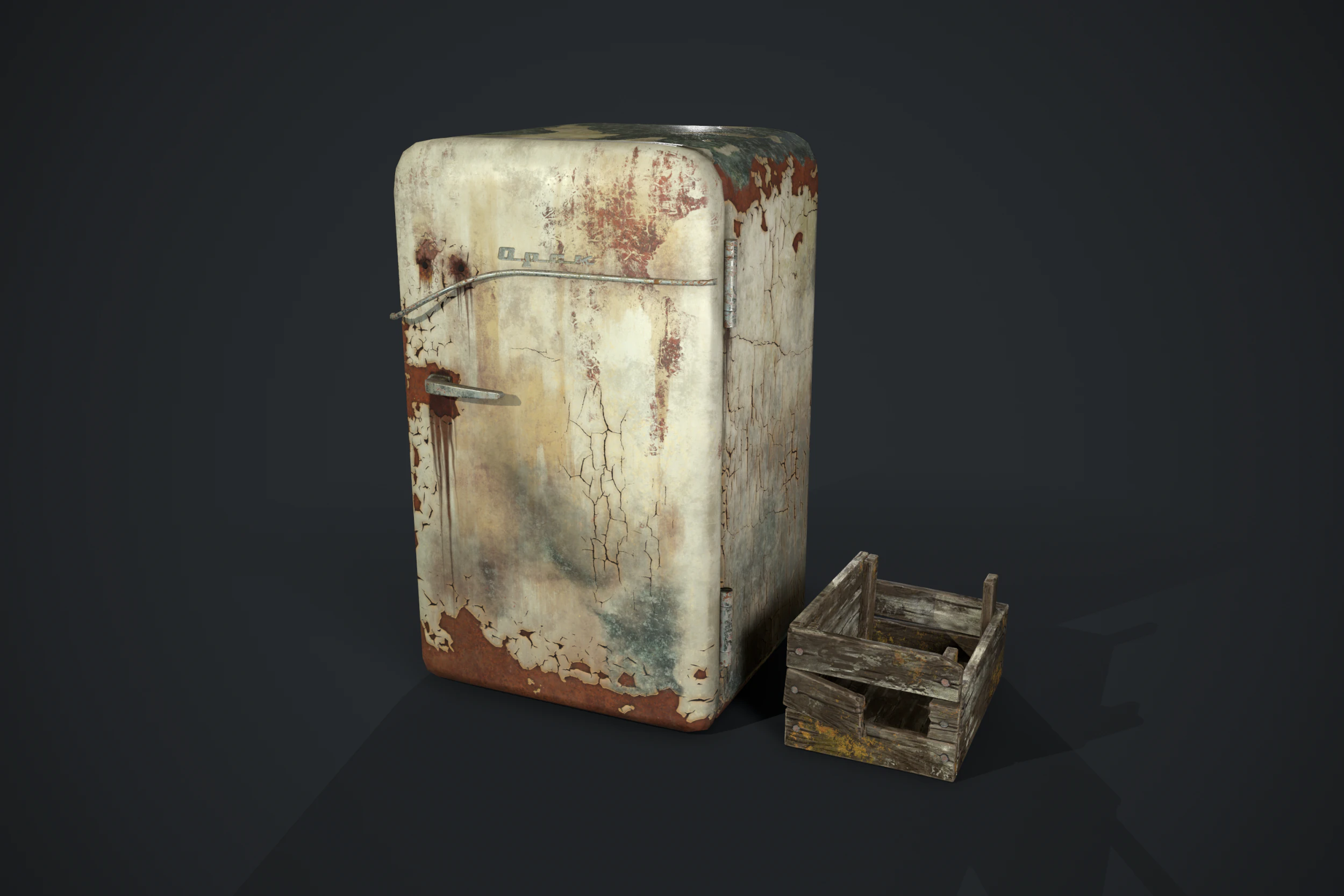 Old fridge with a crate 3D Model .c4d .max .obj .3ds .fbx .stl .blend 