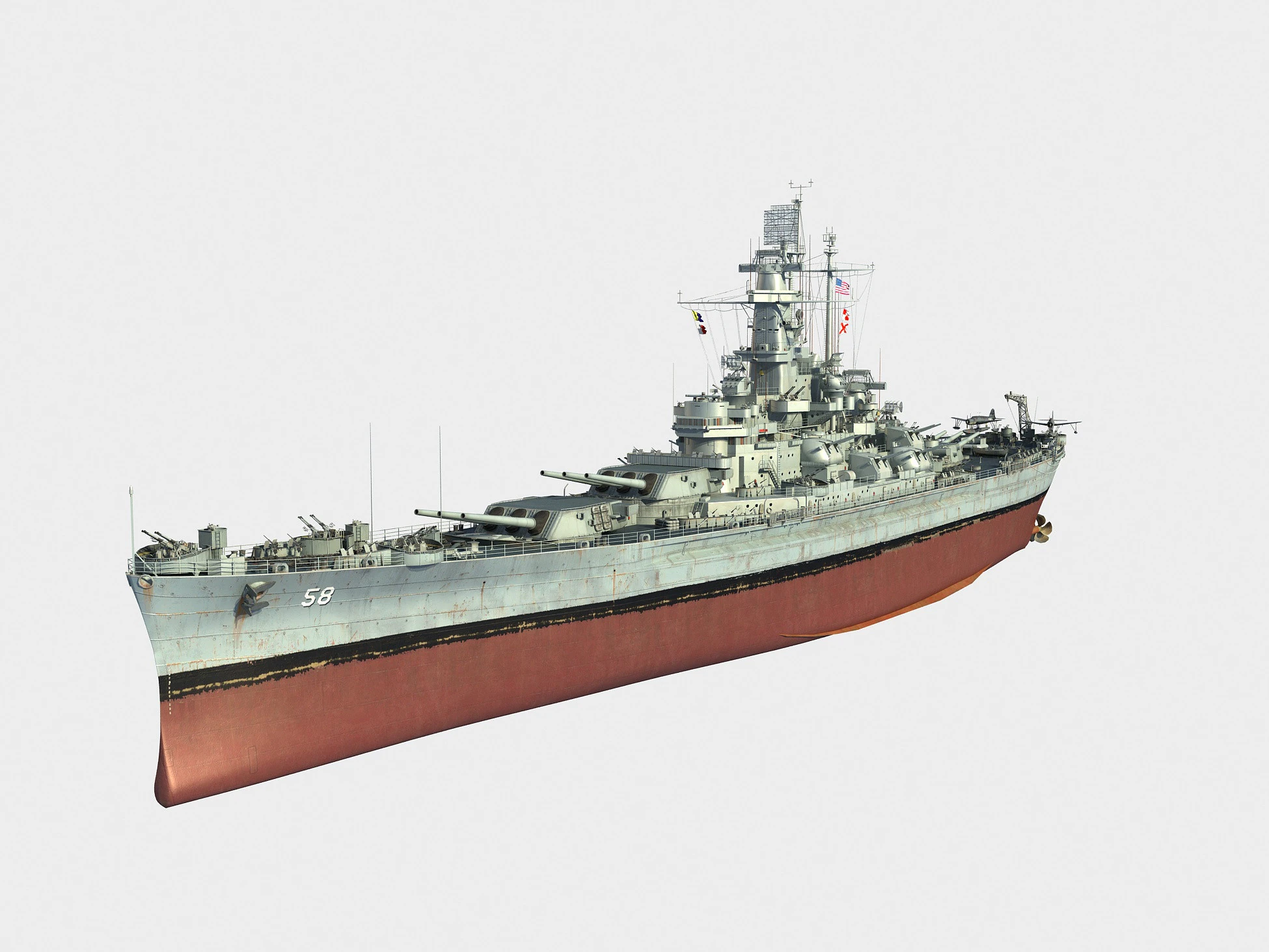 USS BB-58 Indiana battleship 3D Model .c4d .max .obj .3ds .fbx .stl .blend 