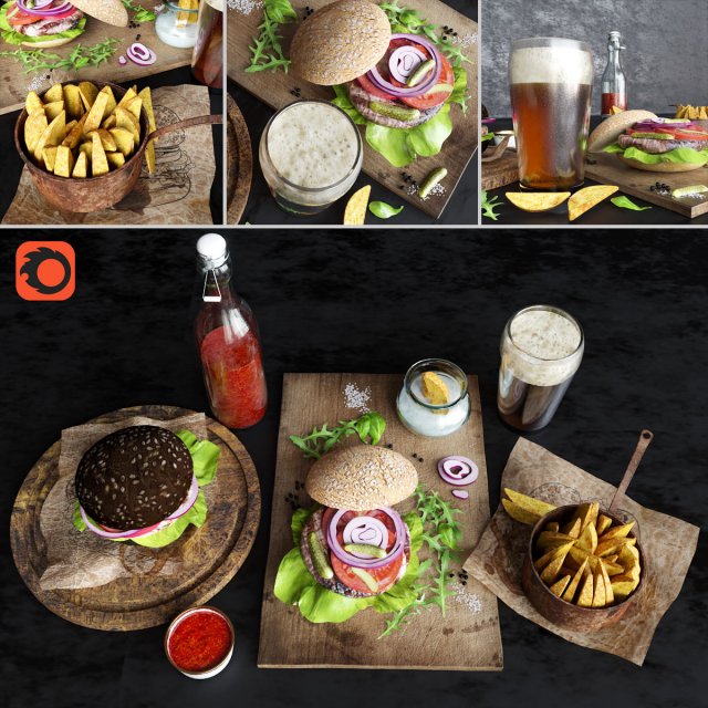 burgers with potatoes and beer 3D Model .c4d .max .obj .3ds .fbx .stl .blend 