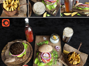 burgers with potatoes and beer 3D Model