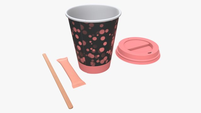 paper coffee cup with lid sugar package wooden stirrer 3D 模型 .c4d .max .obj .3ds .fbx .stl .blend 