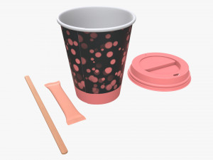paper coffee cup with lid sugar package wooden stirrer Modelo 3D