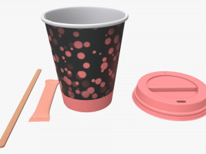 paper coffee cup with lid sugar package wooden stirrer 3D 模型