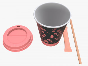 paper coffee cup with lid sugar package wooden stirrer 3D 模型