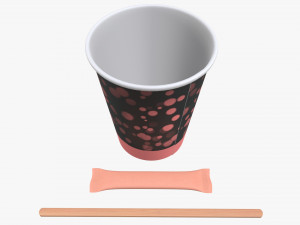 paper coffee cup with lid sugar package wooden stirrer 3D 模型
