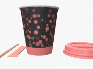 paper coffee cup with lid sugar package wooden stirrer 3D 模型