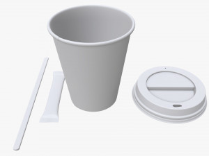 paper coffee cup with lid sugar package wooden stirrer 3D 模型