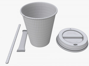 paper coffee cup with lid sugar package wooden stirrer 3D 模型