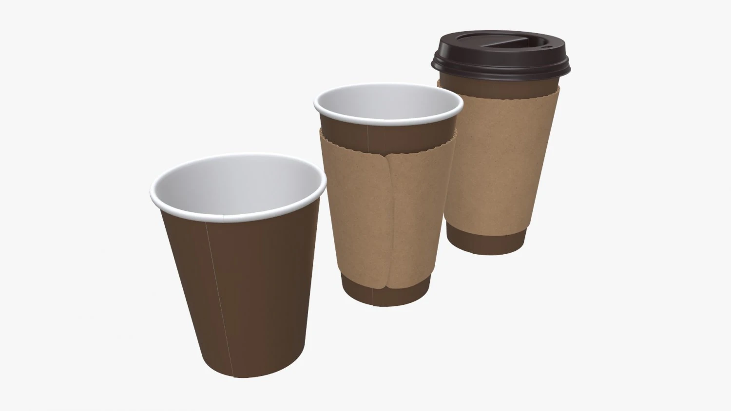disposable paper coffee cup plastic lid and sleeve 3D Model .c4d .max .obj .3ds .fbx .stl .blend