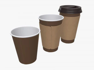 copo de caf&eacute; de papel descart&aacute;vel, tampa e manga de pl&aacute;stico Modelo 3D