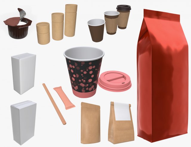 coffee cup lid paper package sachet foil bag stirrer 3D Model .c4d .max .obj .3ds .fbx .stl .blend 