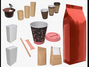 coffee cup lid paper package sachet foil bag stirrer 3D Model