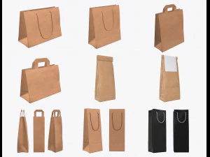 craft paper bag with handle and package with label 3D Model