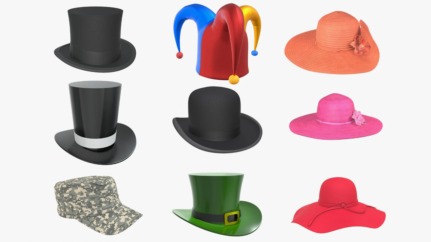 hats bowler men women top floppy summer jester magician cylinder military cap st patrick sun 3D Model .c4d .max .obj .3ds .fbx .stl .blend