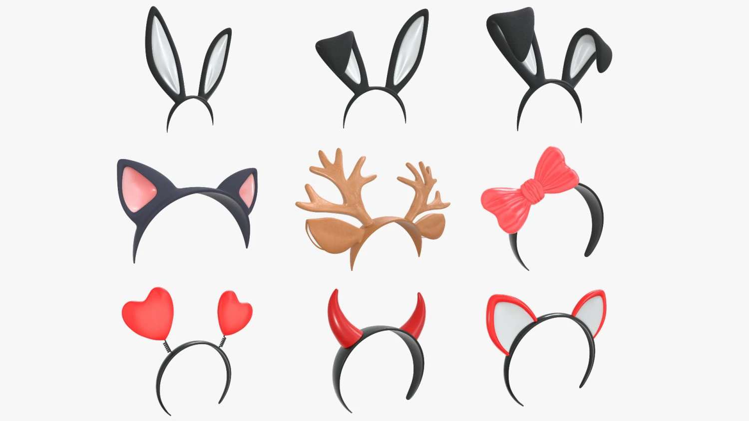headbands bunny cat deer ears horns devil bow heart 3D Model .c4d .max .obj .3ds .fbx .stl .blend 