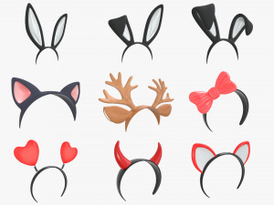 headbands bunny cat deer ears horns devil bow heart 3D Model