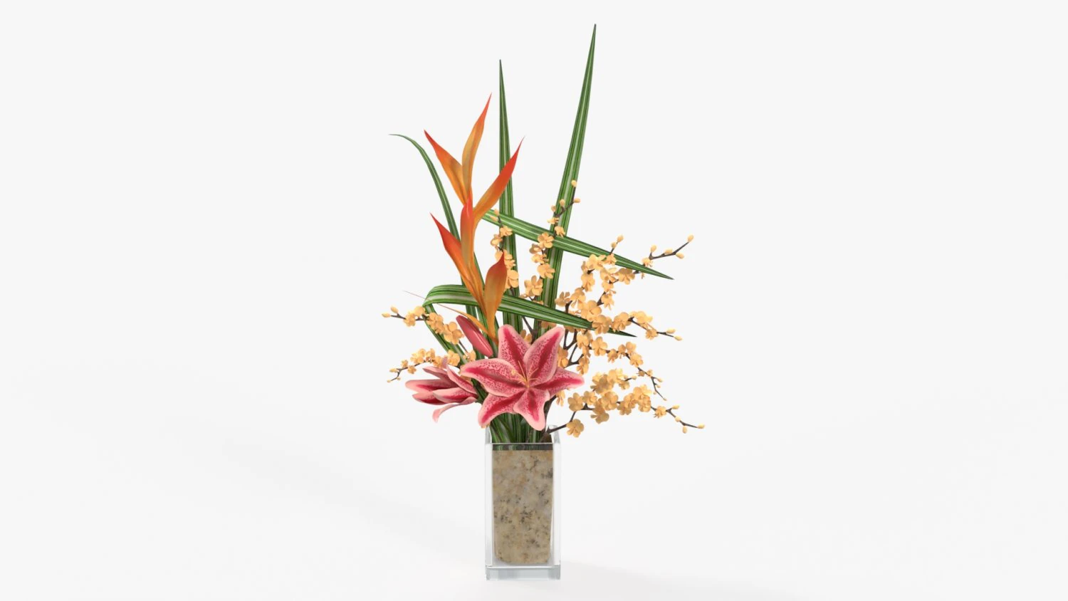 lily flowers bouquet with cherry branch and tall grass 3D Model .c4d .max .obj .3ds .fbx .stl .blend 