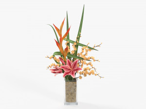 lily flowers bouquet with cherry branch and tall grass 3D Model