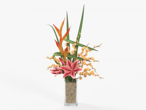 lily flowers bouquet with cherry branch and tall grass Modelo 3D