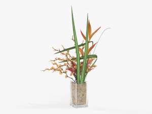 lily flowers bouquet with cherry branch and tall grass 3D Model