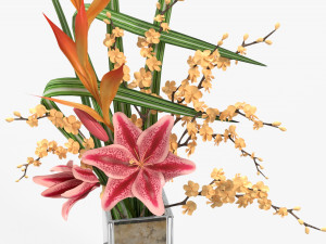 lily flowers bouquet with cherry branch and tall grass Modelo 3D