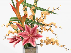 lily flowers bouquet with cherry branch and tall grass 3D Model