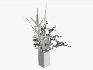 lily flowers bouquet with cherry branch and tall grass 3D Model