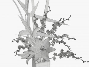 lily flowers bouquet with cherry branch and tall grass Modelo 3D
