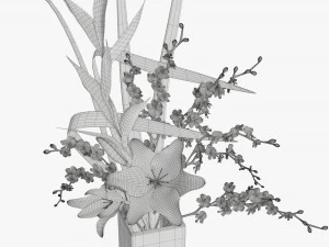 lily flowers bouquet with cherry branch and tall grass 3D Model