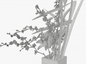 lily flowers bouquet with cherry branch and tall grass Modelo 3D