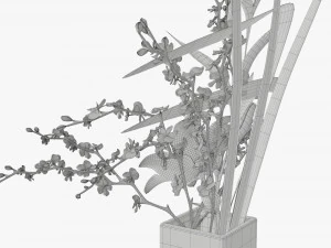 lily flowers bouquet with cherry branch and tall grass 3D Model