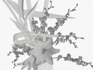 lily flowers bouquet with cherry branch and tall grass Modelo 3D
