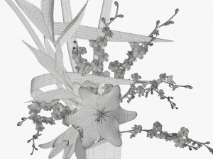 lily flowers bouquet with cherry branch and tall grass 3D Model