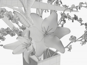 lily flowers bouquet with cherry branch and tall grass Modelo 3D