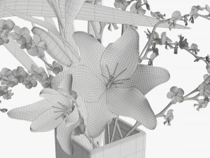 lily flowers bouquet with cherry branch and tall grass 3D Model
