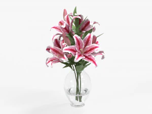 lily flowers bouquet with glass vase 3D Model