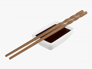 कटोरे और चॉपस्टिक में सोया सॉस 3D मॉडल