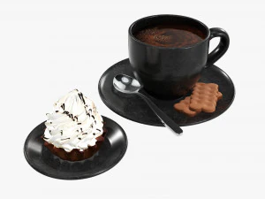 कॉफ़ी और कुकीज़ के साथ कपकेक 3D मॉडल