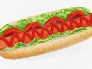 Hot dog with ketchup salad tomato seeds 3D Model