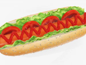 Hot dog with ketchup salad tomato seeds 3D Model