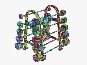 Juego de pesas de goma sobre rejilla. Modelo 3D