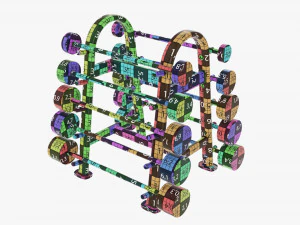 Juego de pesas de goma sobre rejilla. Modelo 3D