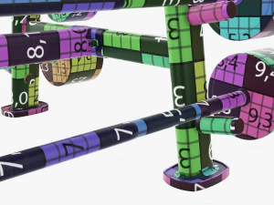 Juego de pesas de goma sobre rejilla. Modelo 3D