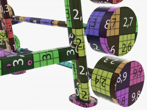 Juego de pesas de goma sobre rejilla. Modelo 3D