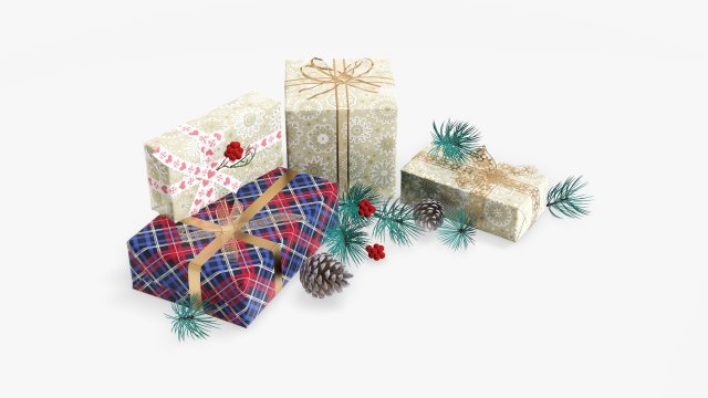 Christmas gifts with decorations 02 3D Модель .c4d .max .obj .3ds .fbx .stl .blend 