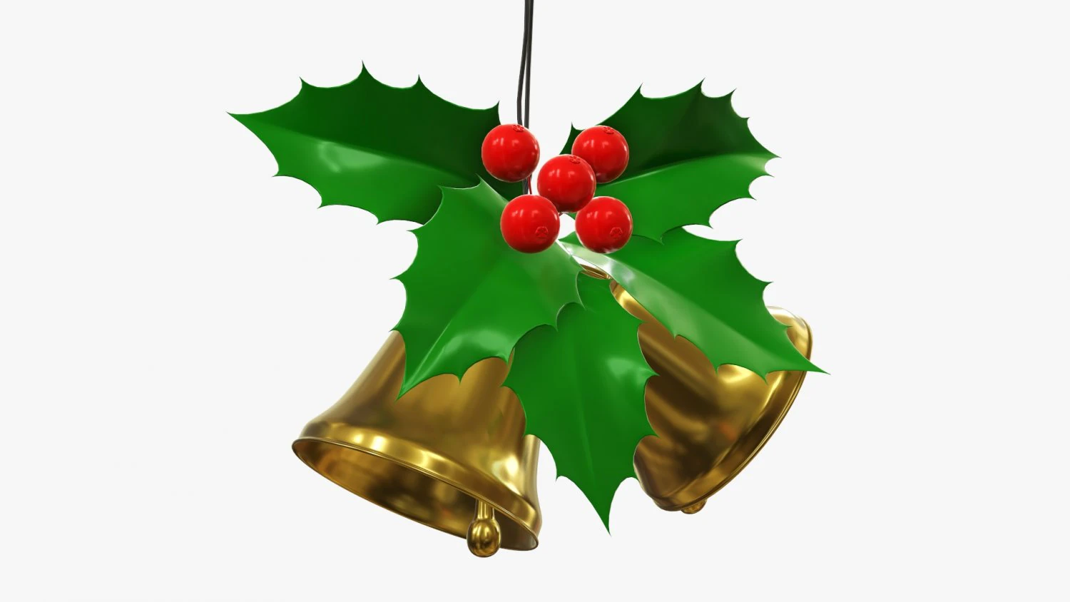 Golden christmas bells with holly berries 3D Model .c4d .max .obj .3ds .fbx .stl .blend 